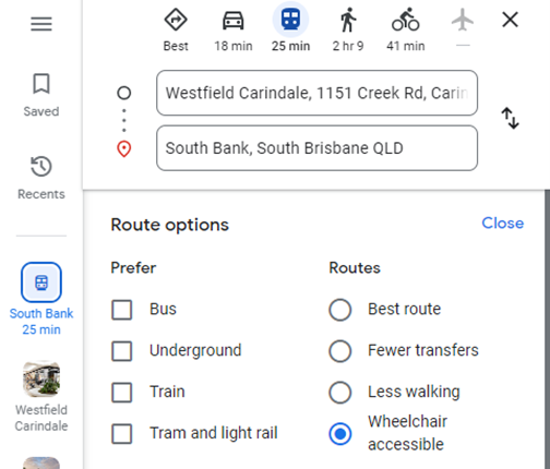 Google Maps Route Carindale to Southbank